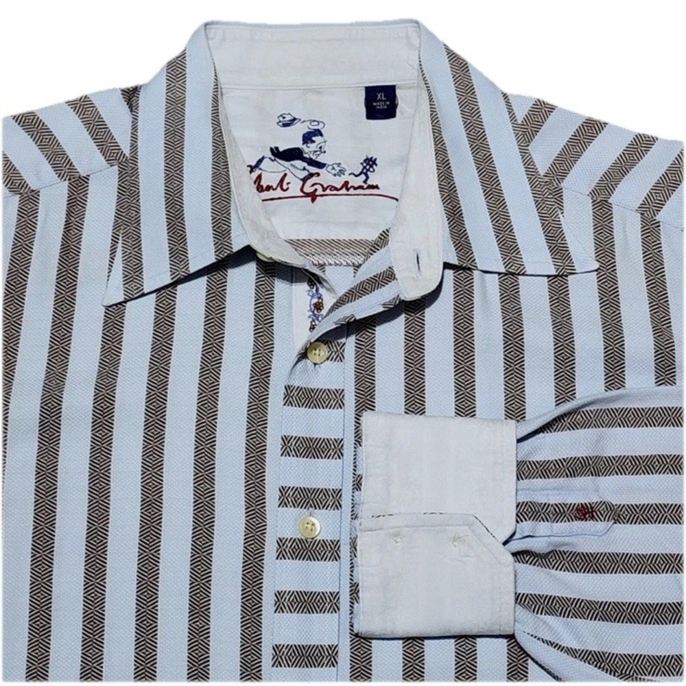 Robert Graham Mens XL Blue Brown Geometric Striped Long Sleeve Button Down Shirt